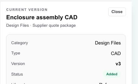 HardwareHub Workbench current-version panel showing an enclosure assembly CAD file, version number, and status
