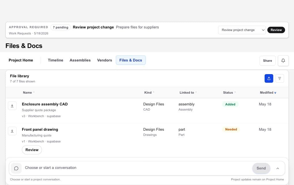 HardwareHub Workbench Files and Docs view showing project files, document types, status, versions, and review controls