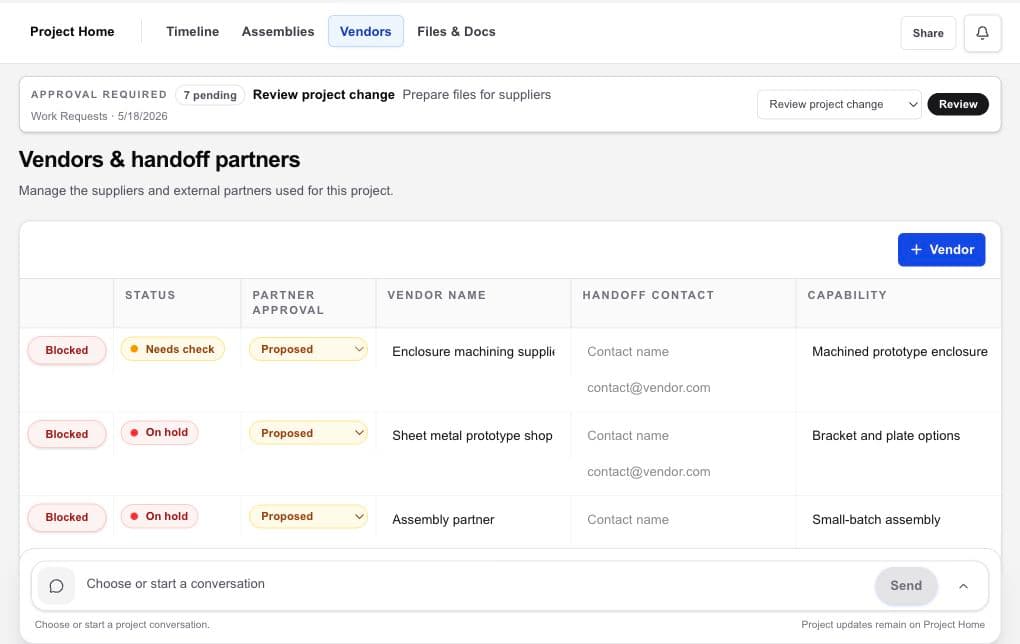 Production Vendors and handoff partners view in HardwareHub Workbench showing vendor name, contact, capability, and selection status