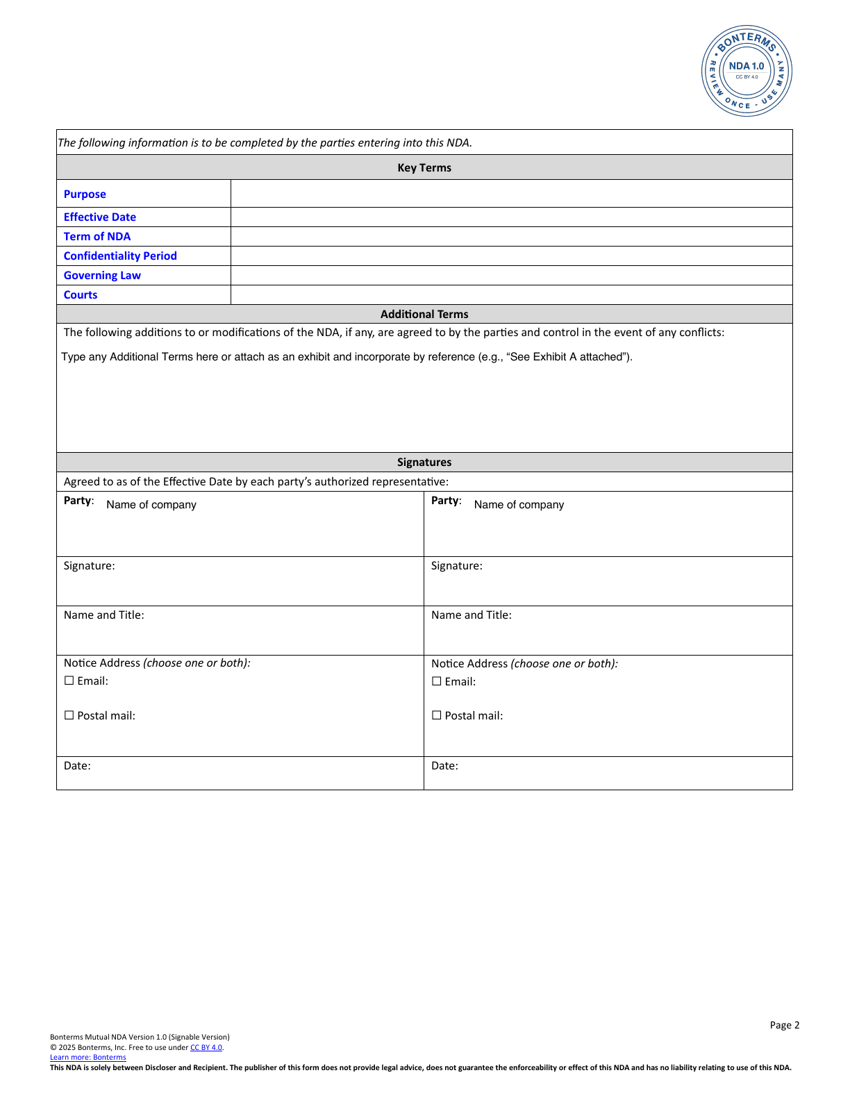 Page 2 of the Bonterms Mutual NDA Version 1.0 Signable Version