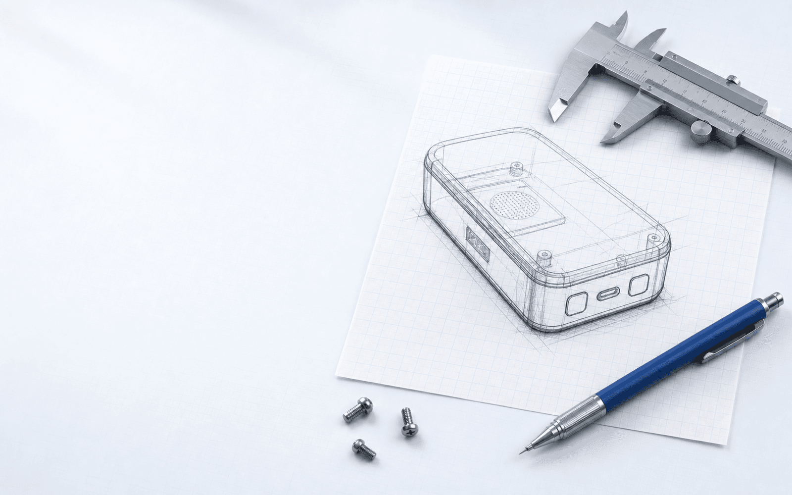 Product enclosure sketch with calipers, fasteners, and a blue pen on an engineering workbench