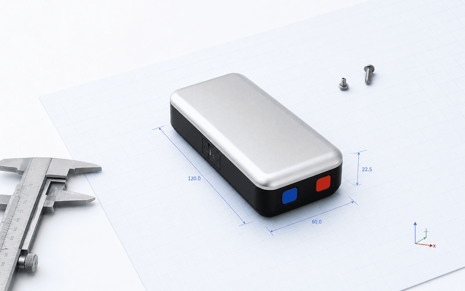 Refined compact product CAD render on graph paper with dimensions and a precision caliper