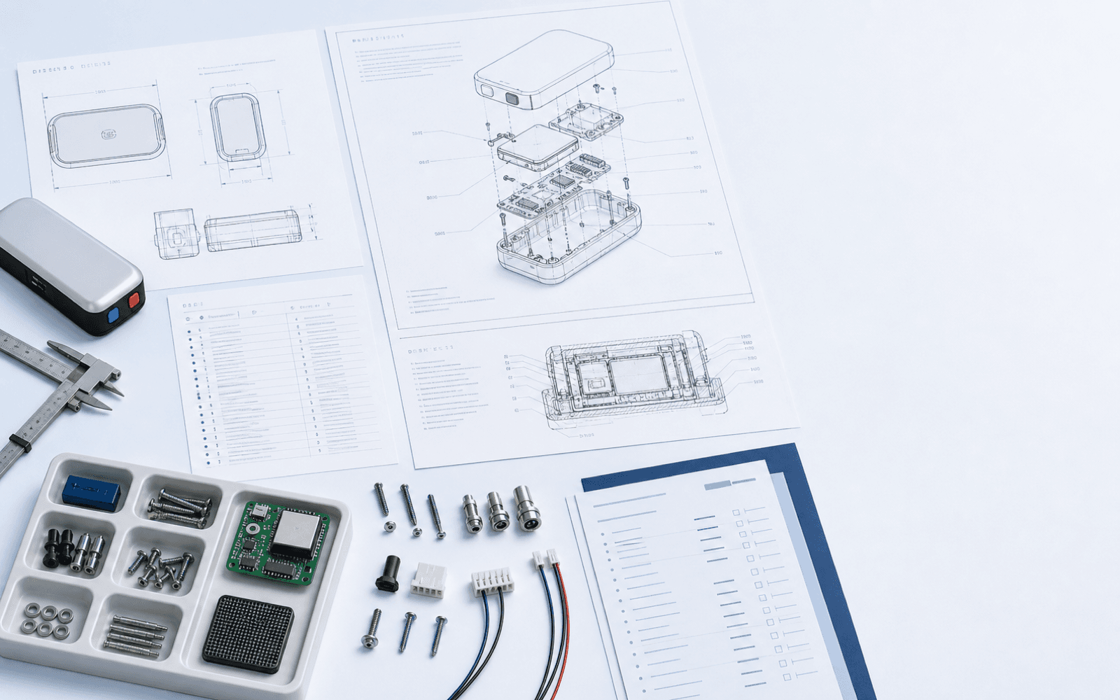Technical drawings, parts list, organized hardware, and supplier preparation materials on a workbench