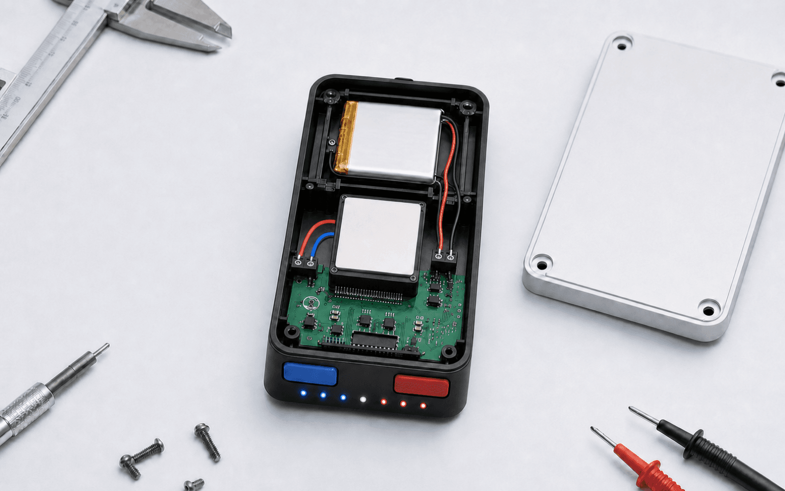Opened electromechanical prototype with enclosure, circuit board, thermal hardware, controls, and test tools