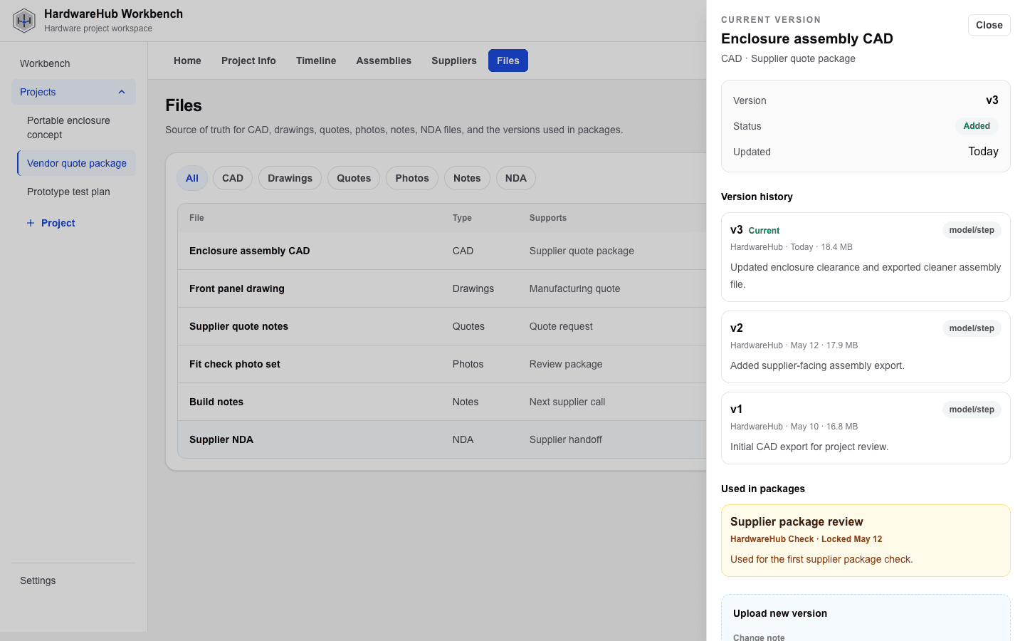 Workbench files page with file filters, status, versions, and project metadata.