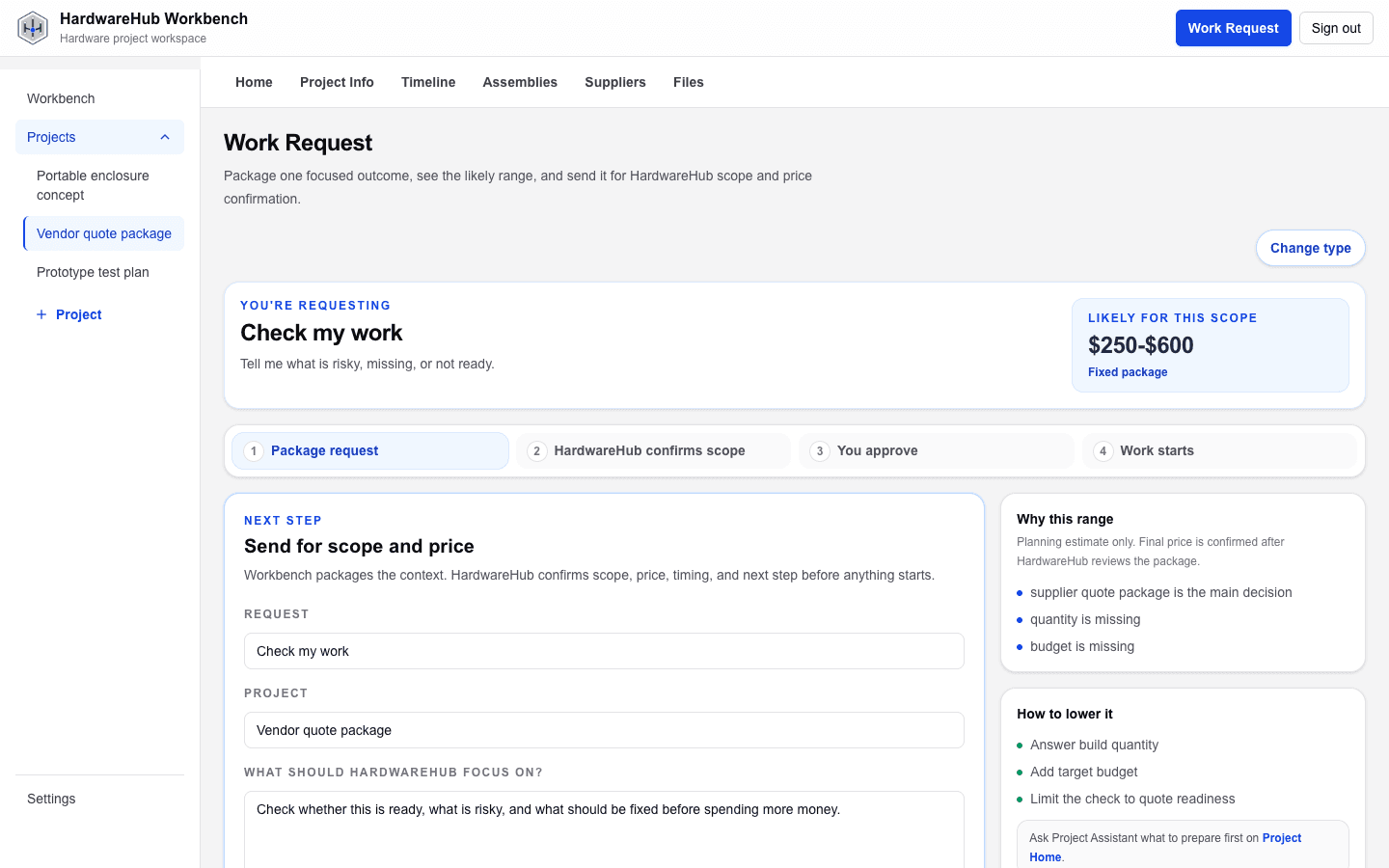 Workbench review package page for a focused HardwareHub review request.